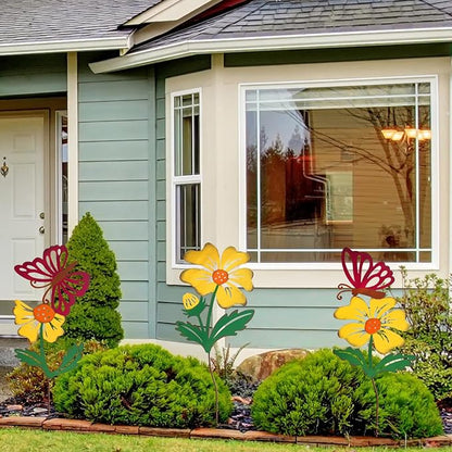 3 Pack Butterfly&Flower Metal Flowers for Outside & Decorative Garden Stakes - Metal Yard Art Outdoor and Garden with Rustproof Design | Spring Lawn Ornaments for Porch,Backyard，Patio