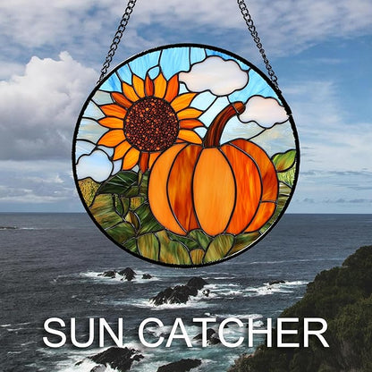 DASTOLL Stained Glass Window Hanging Fall Farm Scenery Sunflower Pumpkin 6.3" - Suncatcher Door Garden Kitchen Sunroom Sun Catcher Home Decor Birthday for Mom Grandma Men Woman