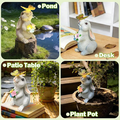 Solar Garden Decor Rabbit Statues with Butterfly LED Light - Waterproof Bunny Figurines Outdoor for Yard Patio Balcony Easter Decor - Unique Housewarming Mother's Day Birthday Gifts for Women