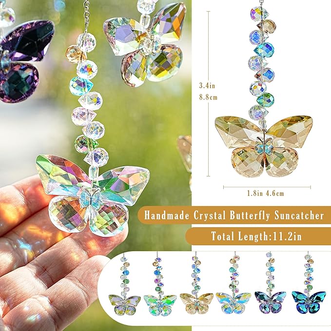 HDCRYSTALGIFTS 6PCS Crystal Butterfly Suncatchers for Window Hanging Ornaments, Rainbow Maker Sun Catchers Indoor Window Wedding Garden Home Decor Glass Ornaments for Christmas Tree Gifts