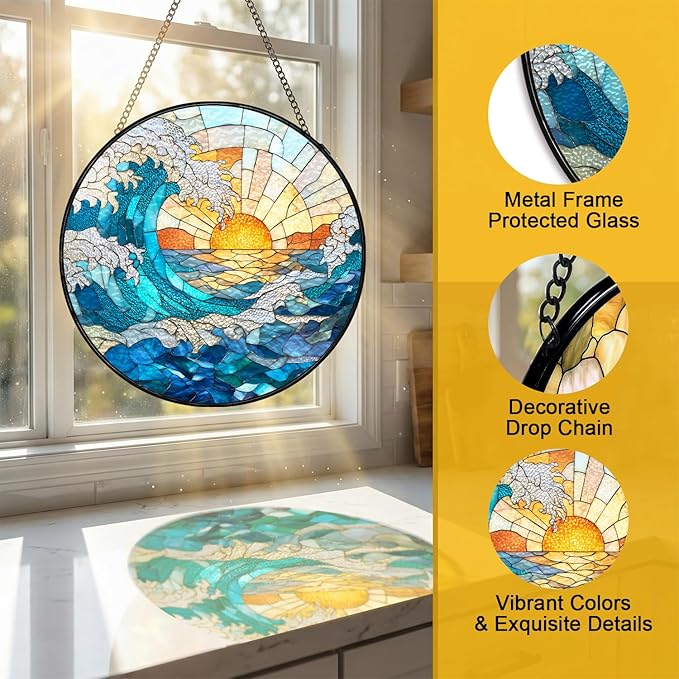 Stained Glass Sun Catcher Window Hanging - Blue Wave and Sunlight Design, Well Made Indoor Home Decor for Mother's Day, Birthday, Christmas for Women, Men, Mom (Blue Wave) 7.8in