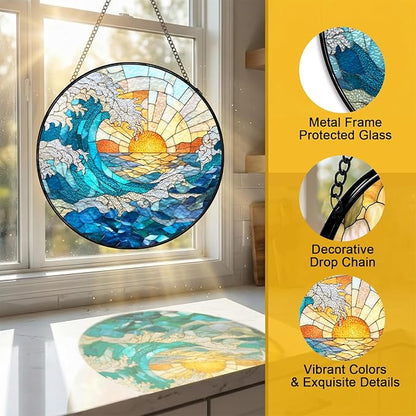 Stained Glass Sun Catcher Window Hanging - Blue Wave and Sunlight Design, Well Made Indoor Home Decor for Mother's Day, Birthday, Christmas for Women, Men, Mom (Blue Wave) 7.8in