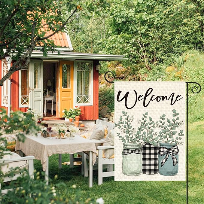 AVOIN colorlife Eucalyptus Mason Jar Spring Summer Garden Flag 12x18 Inch Double Sided Outside, Buffalo Plaid Welcome Yard Outdoor Flag