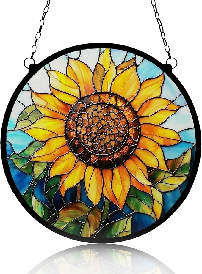 Sunflower Stained Glass Window Ornaments, Painted Suncatchers, Patio Decor, Outdoor Garden Decor, Balcony Decor, Home Decor, Glass Art, 7.8 inch