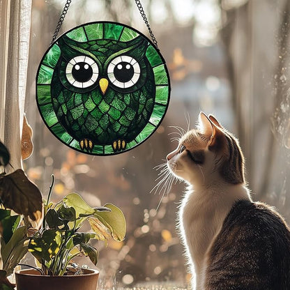 Stained Glass Window Hanging - Green Owl Suncatcher for Doors Garden Patio Funny Bird Sun Catchers Decor Christmas Mother's Day Birthday Teenager Gifts for Women Men Mom Nana Friend 9.8 in