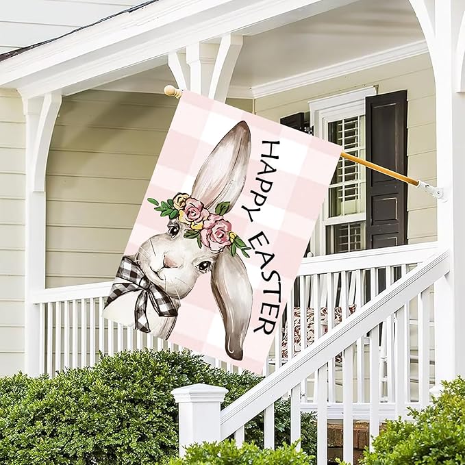 Happy Easter Bunny House Flag 28x40 Inch Double Sided, Easter Rabbit Large Garden Flags for Outside Decor, Spring Summer Holiday Yard Flag Outdoor Seasonal Decorations for Home