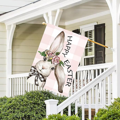 Happy Easter Bunny House Flag 28x40 Inch Double Sided, Easter Rabbit Large Garden Flags for Outside Decor, Spring Summer Holiday Yard Flag Outdoor Seasonal Decorations for Home