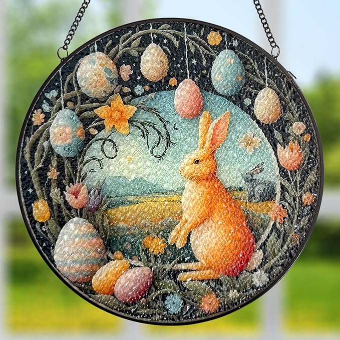 Easter Bunny Stained Glass Window Hanging Suncatcher, Colorful Rabbit with Egg Spring Decor for Home Garden, Animal Glass Art Ornament, Birthday Gift for Women Mom Nana, 7.8 Inch Sun Catcher