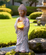 Nacome Solar Buddha Garden Statue Decor: Resin Zen Decor Waterproof Sitting Figurine with Lotus Flower Light Design for Outside Patio Lawn Yard Balcony - 11 inches(White)