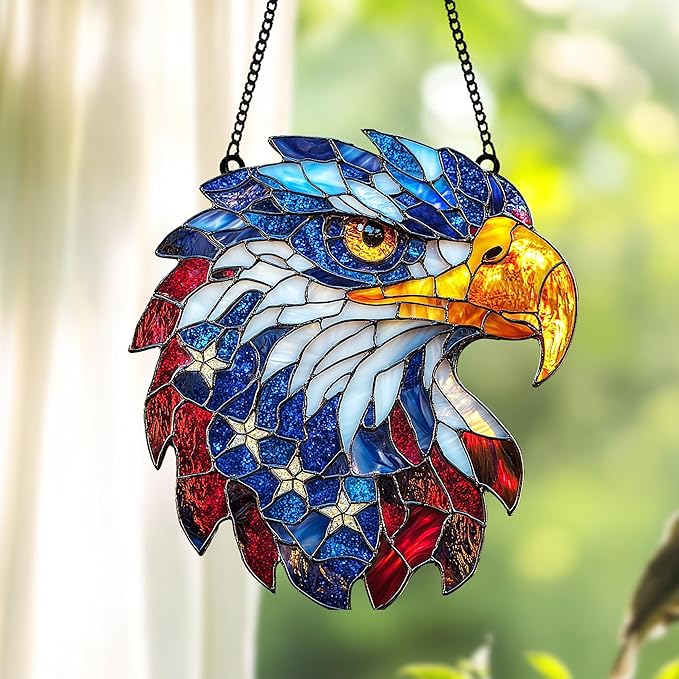 Patriotic Bald Eagle Head Acrylic Suncatcher - Faux Handmade Stained Glass Window Hanging Ornament for Display, Home Decor & Gift Idea for Eagle Lovers