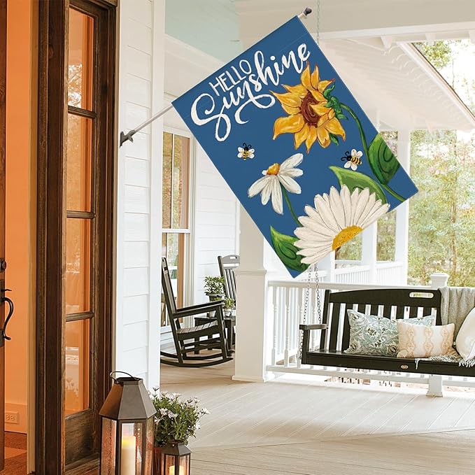 AVOIN colorlife Daisy Sunflower Hello Sunshine House Flag 28x40 Inch Double Sided, Summer Seasonal Holiday Burlap Yard Outdoor Decoration Blue