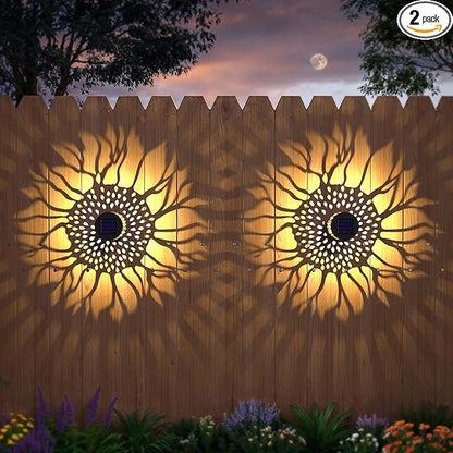 Hapjoy Solar Fence Lights 2 Pack Outdoor Deck Step Wall Lights Metal Waterproof LED Warm Yellow Light for Garden Post Patio Backyard Yard Decor (Sunflower, 2)