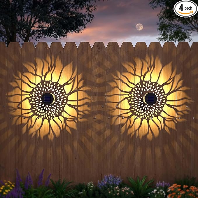 Hapjoy Solar Fence Lights 4 Pack Solar Deck Lamps Outdoor Decorations Powered Step Lights Wall Waterproof LED Warm Decorative Lighting for Garden (Sunflower, 4)