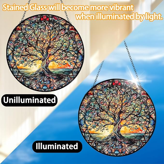 Tree of Life Suncatcher Indoor/Outdoor Stained Glass Window Hanging - Handmade Stained Glass Suncatchers for Windows Hanging - Decoration for Home Garden Christmas Party Wedding Housewarming Gifts