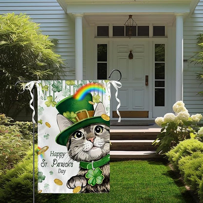 Happy St Patrick's Day Garden Flag Cat with Green Hat Shamrock Yard Flag Shamrock Clover Rainbow Burlap Garden Flags for Irish Spring Farmhouse Patrick Holiday Outdoor Double Sided 12x18 Inch