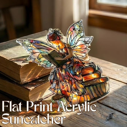 Bookshelf Acrylic Suncatcher Colorful Window Hanging Ornament for Book Lovers Sun Catcher Panel for Home Decor Car Garden Gift Magical Fairy Faux Stained Glass Suncatcher
