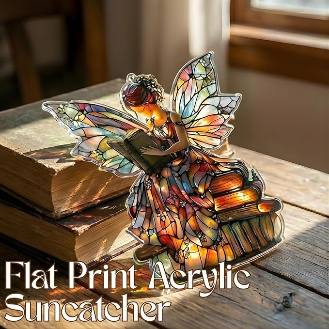 Bookshelf Acrylic Suncatcher Colorful Window Hanging Ornament for Book Lovers Sun Catcher Panel for Home Decor Car Garden Gift Magical Fairy Faux Stained Glass Suncatcher
