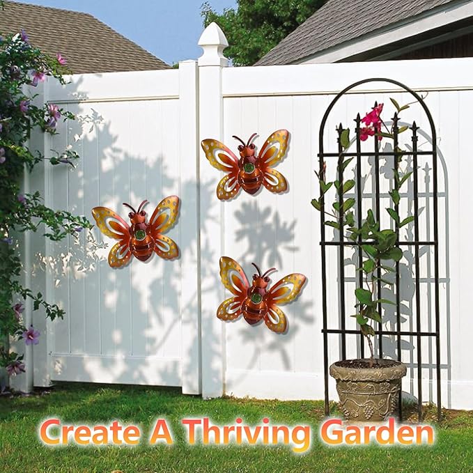 Garden Decor Metal Bee Wall Art Sculpture, Large Bee Wall Decor Garden Decoration Hanging for Yard Lawn Patio Living Room Bedroom, 3 Pack, Gift for Family
