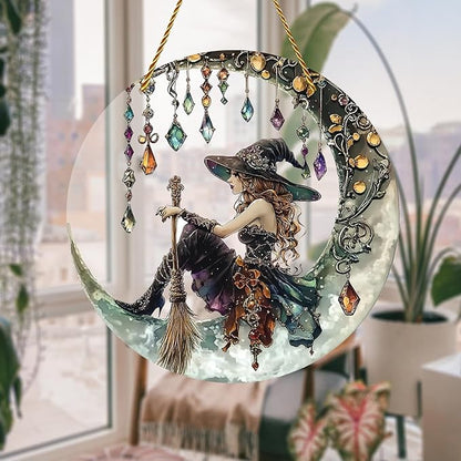 8x8 inch Charming Moonlight Witch Acrylic Stained Glass Window Hanging Sun Catcher Decor Stained Panel Hangings Wall Art Decor, for Friends and Family (Moonlight Witch)