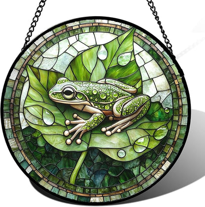 Stained Glass Window Hanging - Cute Frog Suncatcher for Doors Garden Patio Green Leaves Sun Catchers Decor Christmas Mother's Day Birthday Gifts for Women Men Mom Nana Boy Friend 11.8 in
