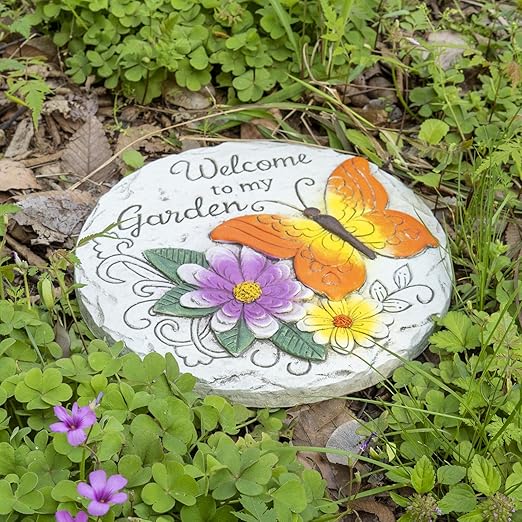 Garden Stepping Stones Outdoor Butterfly Step Stones for Walkway Gardening Gifts Welcome to My Garden Decorative Round Concrete Stones for Yard Outside Stone