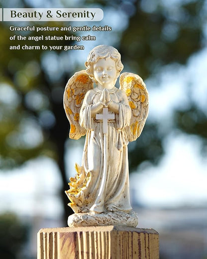 Solar Angel Statues for Outside, 12" Garden Solar Angel Figurines w/Lighted Cross, Guardian Angel for Cemetery, Yard, Pathway, Lawn Decor, Memorial Gardens Gifts for Mom Grandma Women