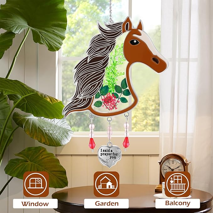 KY&BOSAM Horse Head Suncatcher Stained Hand-Painted Prayer for You Suncatchers Ornament hangings Wind Chime with Pressed Flower Horse Embedded in Glass Window Mother`s Day Birthdays