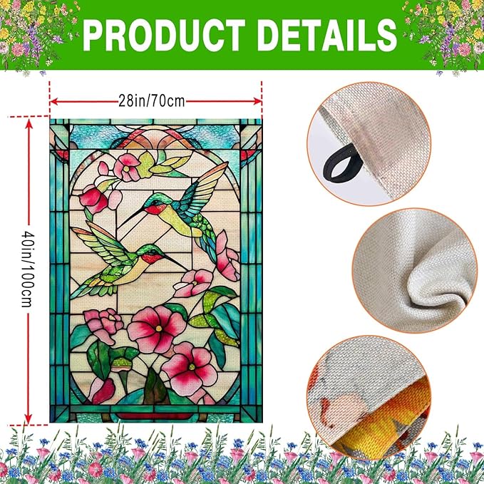 Spring Summer Hummingbird House Flag 28x40 Inch Double Sided, Stained Glass Floral Outdoor Flag Colorful Flower Large Yard Flag Seasonal Lawn Porch Farmhouse Decor