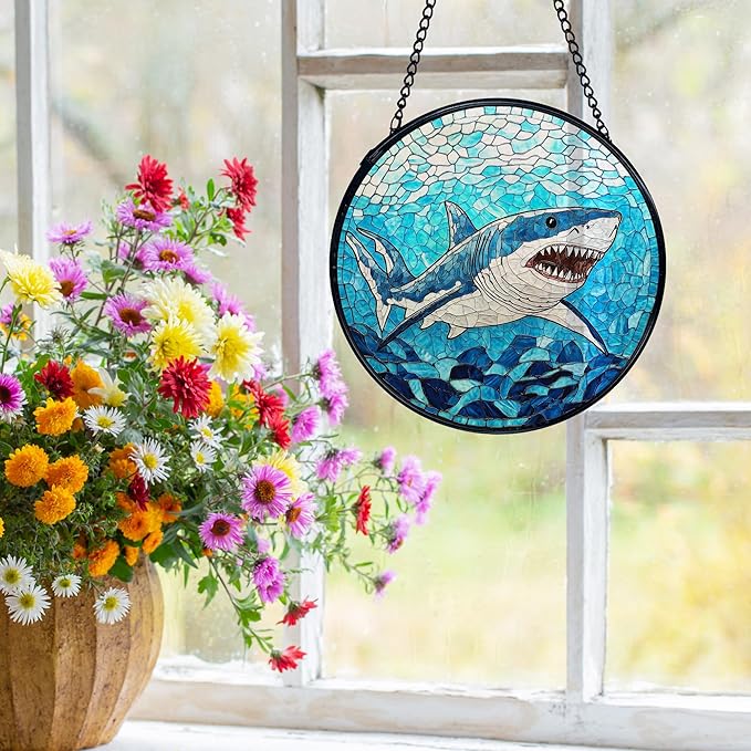 Blue Ocean Beach Shark Suncatchers Stained Glass Window Hanging, Shark Decor Sun Catchers Indoor Window Glass Round Wall Decor, Coastal Beachy Wall Hanging Decorations, 7.9x7.9in