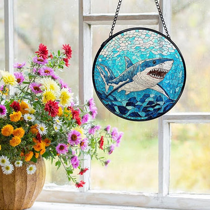 Blue Ocean Beach Shark Suncatchers Stained Glass Window Hanging, Shark Decor Sun Catchers Indoor Window Glass Round Wall Decor, Coastal Beachy Wall Hanging Decorations, 7.9x7.9in