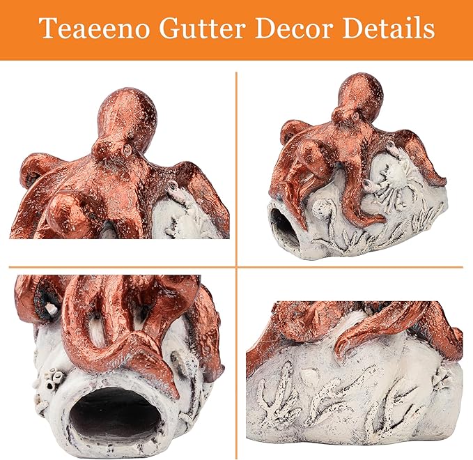 Teaeeno Octopus Downspout Extender Statue - Outdoor Garden Decor, Drain Pipe Cover with Crab & Coral Design - Durable Resin for US Lawns, Patios, and Yards (Red)