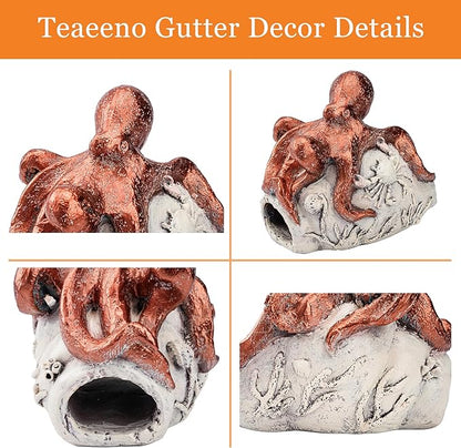 Teaeeno Octopus Downspout Extender Statue - Outdoor Garden Decor, Drain Pipe Cover with Crab & Coral Design - Durable Resin for US Lawns, Patios, and Yards (Red)
