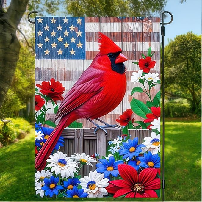 BlissYard Patriotic 4th of July Cardinal Bird Garden Flag American Memorial Day Yard Red Bird Dogwood Flower USA America Outside Decoration Summer Outdoor Small Decor Double Sided 12x18