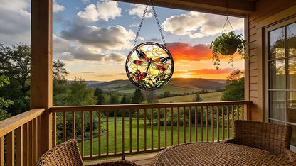 Stained Glass Window Hanging - A Dragonfly is Docked in The Garden 6.3 Inches Suncatcher for Garden Home Decor for Women Mon Grandma Friends