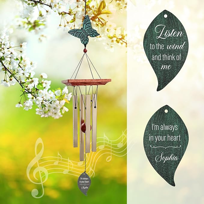 Personalized Sympathy Wind Chimes, Sympathy Gifts for Loss of a Loved One, Wind Chimes Customized Memory Words for Loss of Loved Person, Bereavement/Memorial Gift for Loss