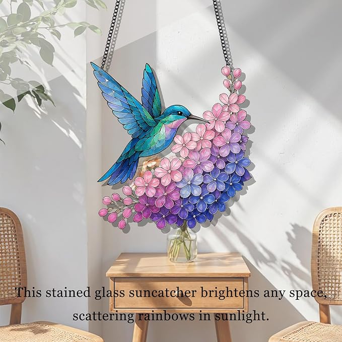 Stained Glass Window Hanging Suncatcher Hummingbird with Flowers Bird Sun Catcher Wall Decor for Bedroom Pink Room Decor Gifts for Mom, Bird Lovers, Friends