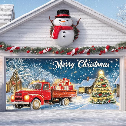 IVN Christmas Garage Door Banner 6x13 ft Red Vintage Truck with Gifts Backdrop Garage Door Covers Decorative Holiday Garage Door Cover Mural Snowy Christmas Tree Scene