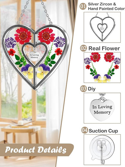 KY&BOSAM Heart Suncatcher Stained Glass Suncatchers in Loving Memory Memorial for Loss of Loved One Unique Sympathy Gift Real Pressed Dried Flower Bereavement Grief for Loss of Mom Grandma Decor