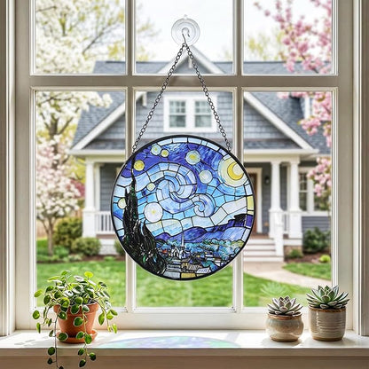 Hanging Stained Glass for Windows,20cm/7.87inch Van Gogh Starry Night Stained Glass Suncatcher with Chain Garden Diamond Glass Panel Hangings Decoration for Home Decor Gifts for Family Friends
