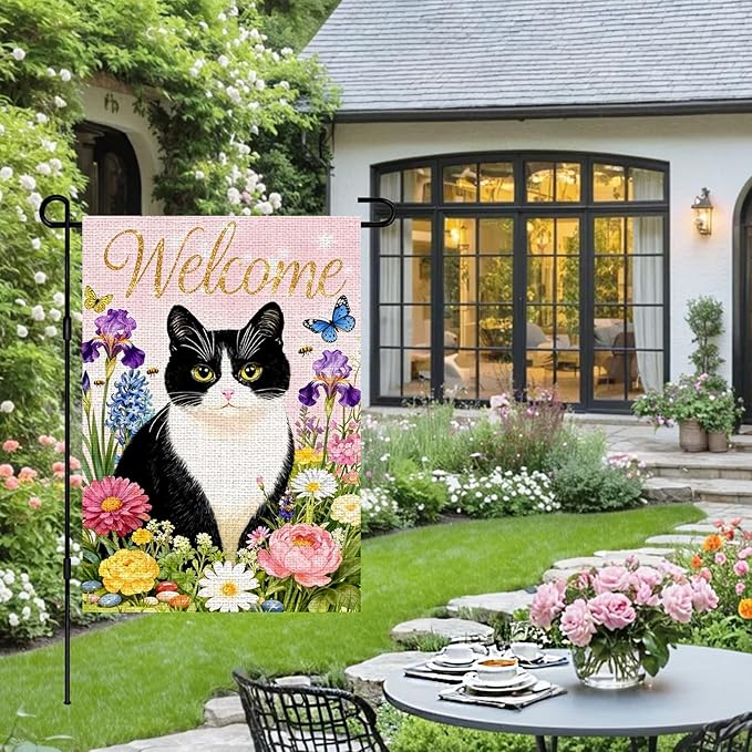 IVN Welcome Cat Spring Garden Flag 12x18 Inch Black White Kitty Watercolor Floral Garden Yard Flag Gold Glitter Welcome Butterflies Bees Daisies Iris Pink Flowers Double Sided Burlap Vertical Small House Flag Seasonal Outdoor Decoration for Front Door ...