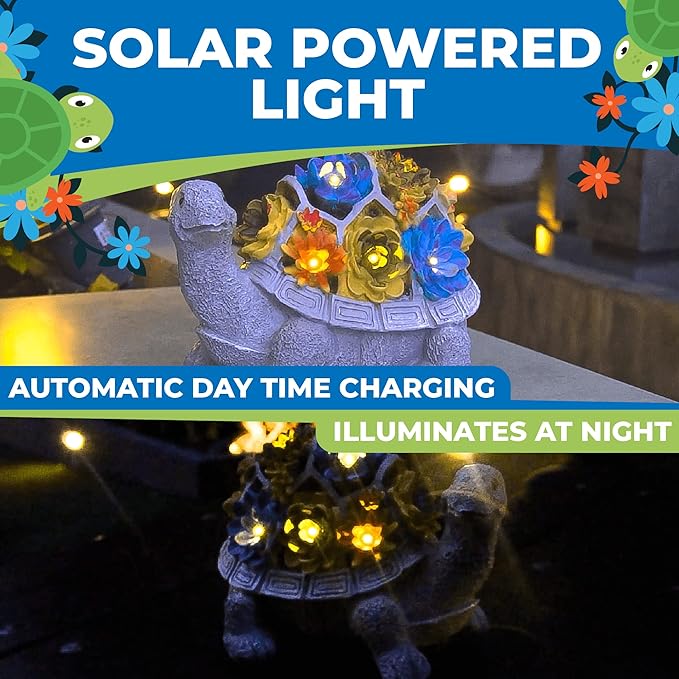 Solar Garden Outdoor Turtle Statue with Succulent and 7 LED Solar Lights – Lawn Decor Tortoise for Patio, Balcony, Yard, and Outdoor Solar Lantern