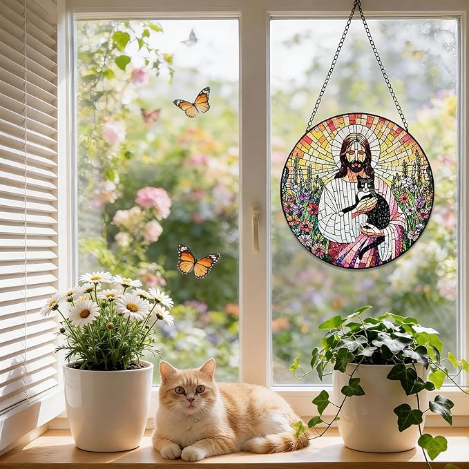 Stained Glass Window Hanging, 8 Inch Jesus Black Cat Suncatcher, Sun Catchers Indoor Window, Flowers Birds Cross Religious Home Garden Decor Glass Panel, Easter Faith Christian Gifts for Women Men