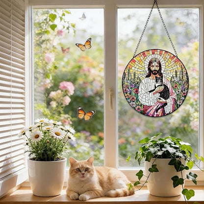 Stained Glass Window Hanging, 8 Inch Jesus Black Cat Suncatcher, Sun Catchers Indoor Window, Flowers Birds Cross Religious Home Garden Decor Glass Panel, Easter Faith Christian Gifts for Women Men