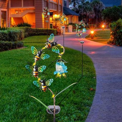 Bshine Solar Flower Outdoor Waterproof Bee Lights, Valentine's Day Garden Decorative Metal Stake Bee Hanging Flower, Yard Decorations Outdoor Patio, Courtyard, Pathway and Lawn Ornaments