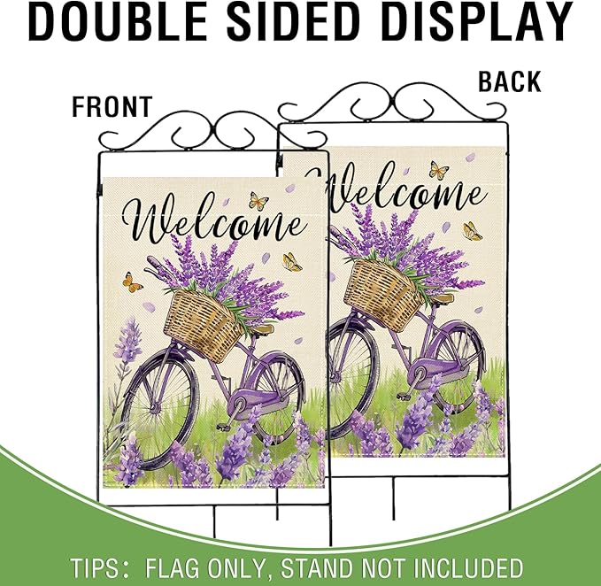 Artofy Welcome Spring Summer Bike Large Decorative House Flag, Bicycle Lavender Flower Floral Yard Garden Outside Decor, Seasonal Butterfly Burlap Outdoor Home Decoration Double Sided 28 x 40