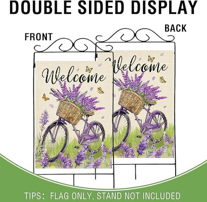 Artofy Welcome Spring Summer Bike Large Decorative House Flag, Bicycle Lavender Flower Floral Yard Garden Outside Decor, Seasonal Butterfly Burlap Outdoor Home Decoration Double Sided 28 x 40