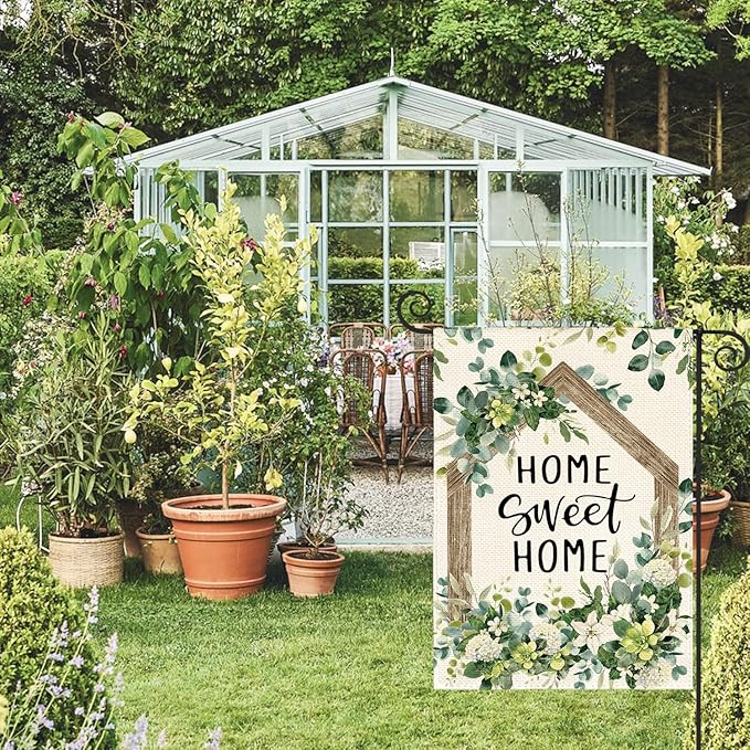 AVOIN colorlife Home Sweet Home Spring Floral Garden Flag 12x18 Inch Double Sided Outside, Eucalyptus Flowers Seasonal Welcome Yard Outdoor Flag