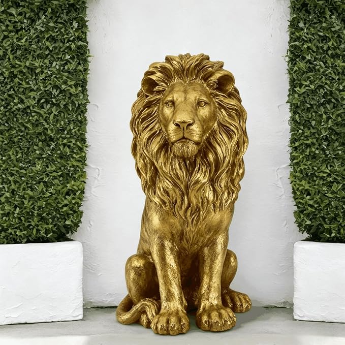 Large Golden Lion Garden Statue, 24" Resin Regal Sitting Lion Sculpture for Front Door, Luxury Home Entrance Guardian Decor, Outdoor Animal Figurine, Feng Shui Protection Beast