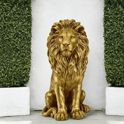 Large Golden Lion Garden Statue, 24" Resin Regal Sitting Lion Sculpture for Front Door, Luxury Home Entrance Guardian Decor, Outdoor Animal Figurine, Feng Shui Protection Beast