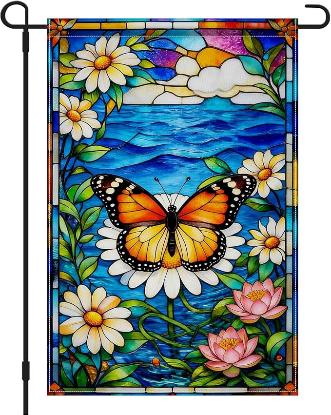 IVN Stained Glass Butterfly Garden Flag 12x18 Inch – Daisy and Water Lily Outdoor Flag, Double Sided Burlap Spring Summer Yard Flag for Porch Lawn Patio Decor
